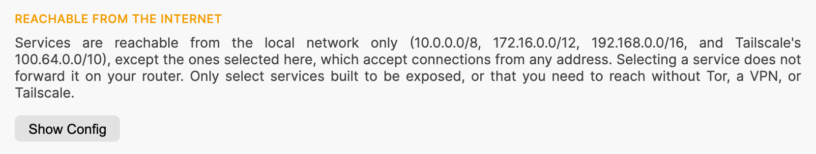 Reachable From the Internet section of the Firewall settings, with its description and the Show Config button
