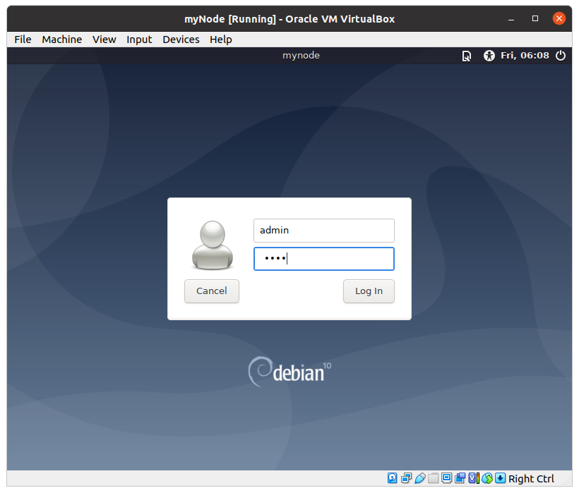 MyNode Virtual machine: login screen